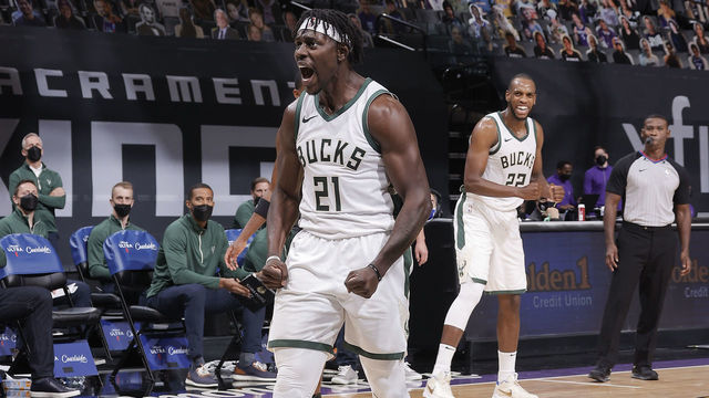 SACRAMENTO, CA - APRIL 3: Jrue Holiday #21 of the Milwaukee Bucks reacts to a play during the game against the Sacramento Kings on April 3, 2021 at Golden 1 Center in Sacramento, California. Mandatory Copyright Notice: Copyright 2021 NBAE