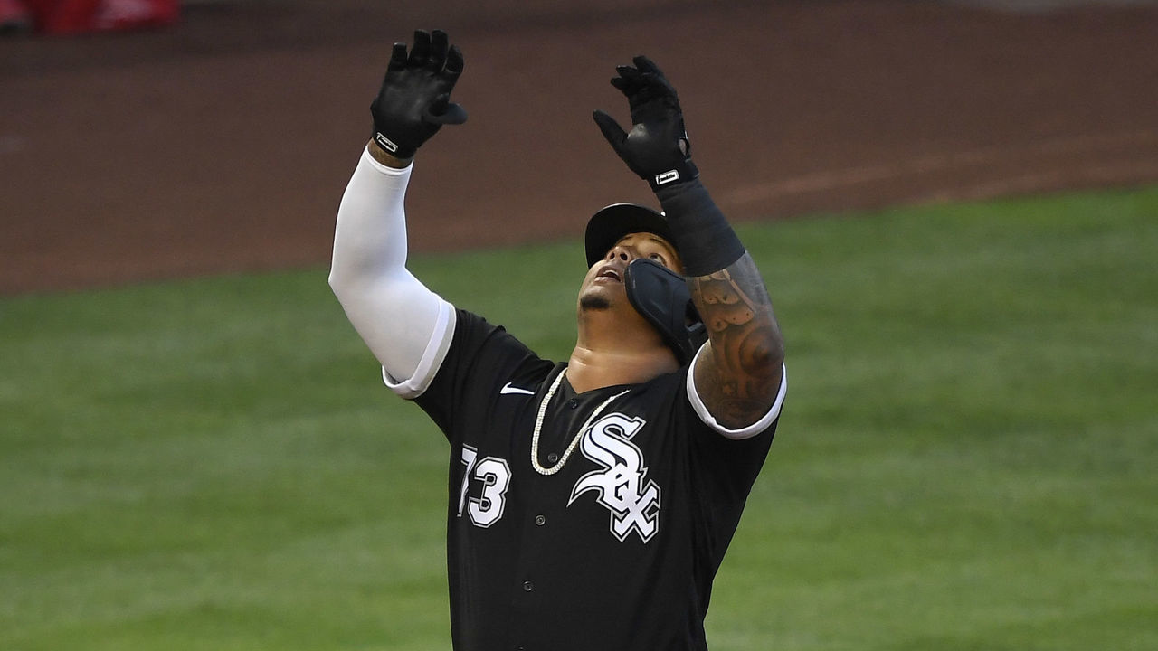 ANAHEIM, CA - APRIL 03: Yermin Mercedes #73 of the Chicago White Sox celebrates as he crosses home plate after hitting a solo home run against pitcher Alex Cobb #38 of the Los Angeles Angels during the second inning at Angel Stadium of Anaheim on April 3, 2021 in Anaheim, California.