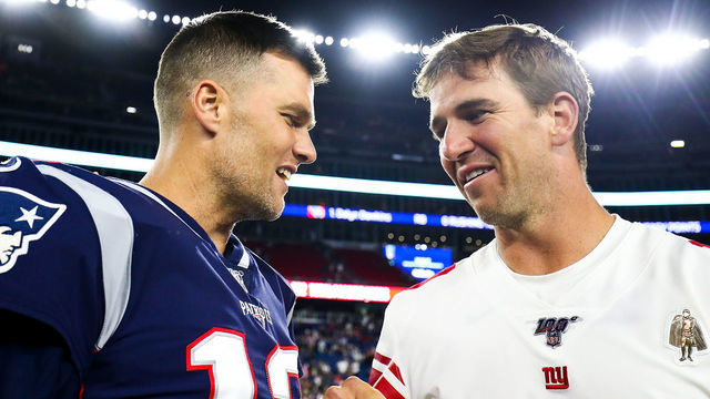 FOXBOROUGH, MA - AUGUST 29: Tom Brady #12 of the New England Patriots greets Eli Manning #10 of the New York Giants after a preseason game at Gillette Stadium on August 29, 2019 in Foxborough, Massachusetts.