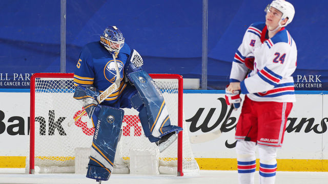 BUFFALO, NY - APRIL 3: Linus Ullmark #35 of the Buffalo Sabres reacts to stopping Kaapo Kakko #24 of the New York Rangers and winning the shootout during an NHL game on April 3, 2021 at KeyBank Center in Buffalo, New York. Buffalo won, 3-2.