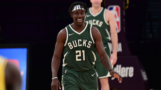 LOS ANGELES, CA - MARCH 31: Jrue Holiday #21 of the Milwaukee Bucks smiles during the game against the Los Angeles Lakers on March 31, 2021 at STAPLES Center in Los Angeles, California. NOTE TO USER: User expressly acknowledges and agrees that, by downloading and/or using this Photograph, user is consenting to the terms and conditions of the Getty Images License Agreement. Mandatory Copyright Notice: Copyright 2021 NBAE