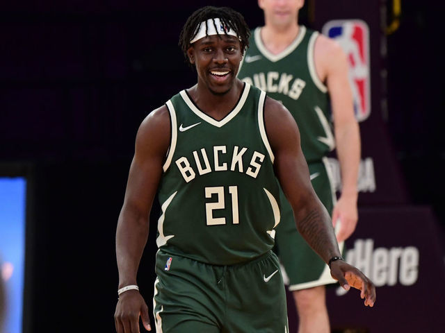 LOS ANGELES, CA - MARCH 31: Jrue Holiday #21 of the Milwaukee Bucks smiles during the game against the Los Angeles Lakers on March 31, 2021 at STAPLES Center in Los Angeles, California. NOTE TO USER: User expressly acknowledges and agrees that, by downloading and/or using this Photograph, user is consenting to the terms and conditions of the Getty Images License Agreement. Mandatory Copyright Notice: Copyright 2021 NBAE