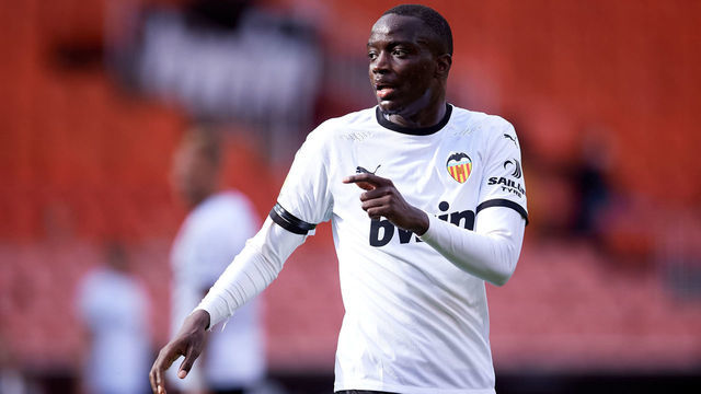 VALENCIA, SPAIN - MARCH 21: Mouctar Diakhaby of Valencia CF looks on during the La Liga Santander match between Valencia CF and Granada CF at Estadio Mestalla on March 21, 2021 in Valencia, Spain. Sporting stadiums around Spain remain under strict restrictions due to the Coronavirus Pandemic as Government social distancing laws prohibit fans inside venues resulting in games being played behind closed doors.