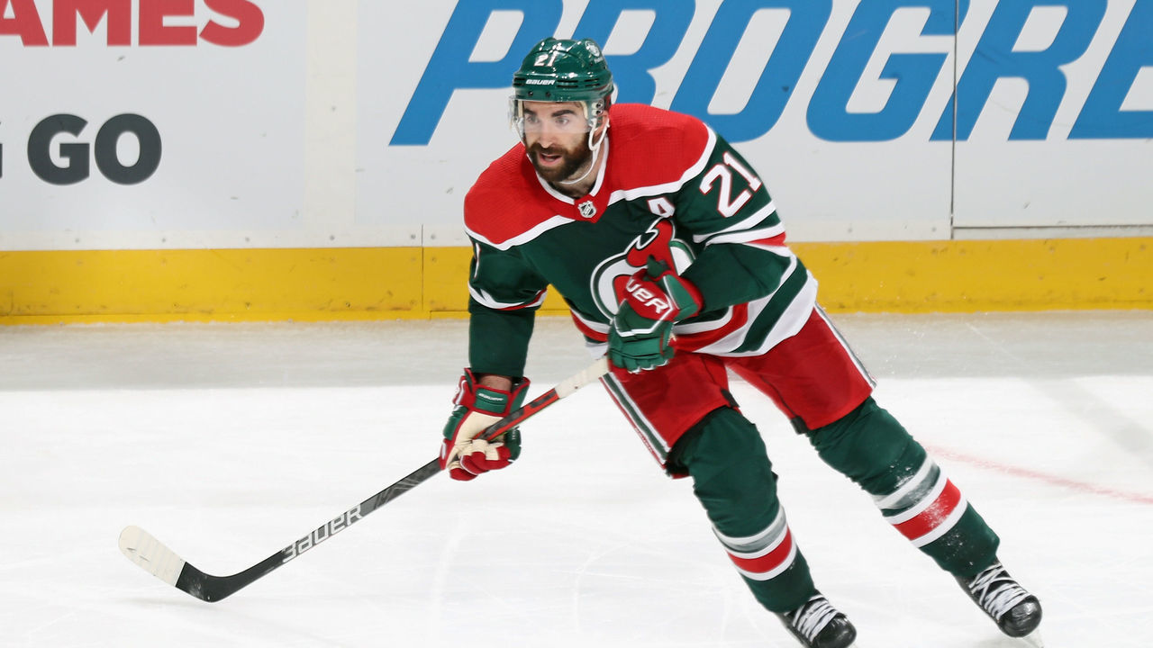 NEWARK, NEW JERSEY - APRIL 02: Kyle Palmieri #21 of the New Jersey Devils skates against the Washington Capitals at Prudential Center on April 02, 2021 in Newark, New Jersey.