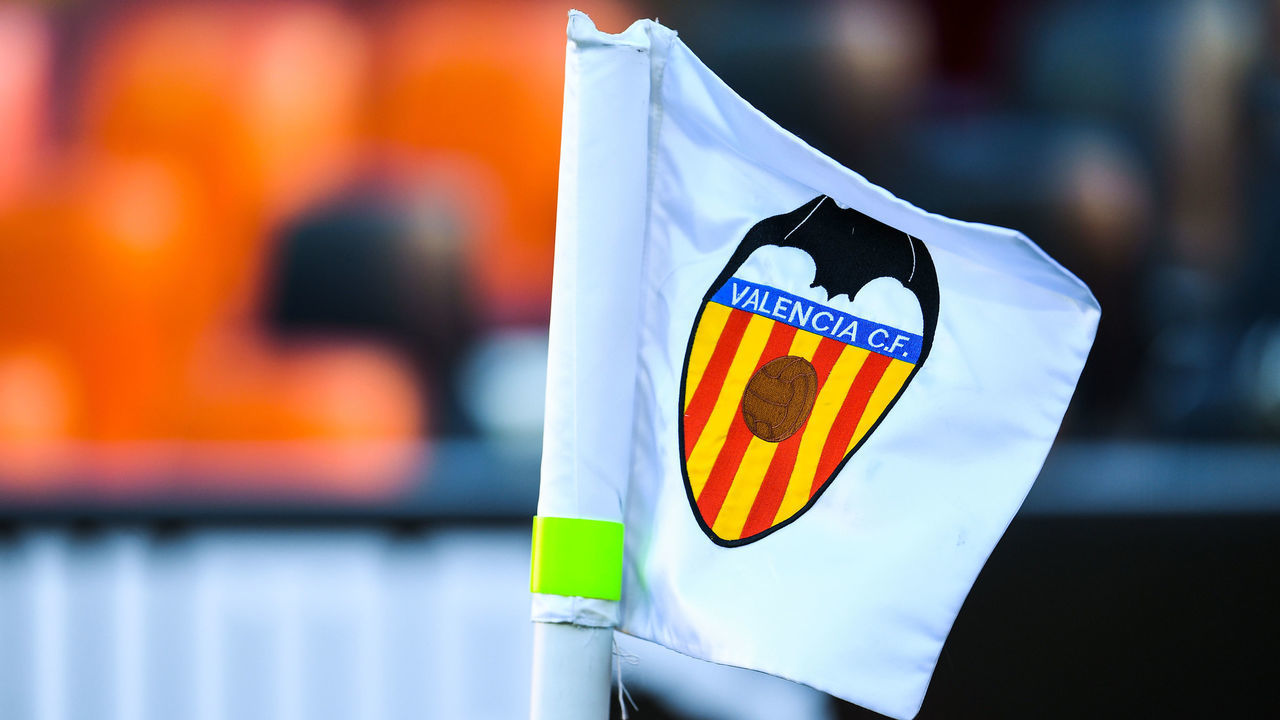 VALENCIA, SPAIN - DECEMBER 12: A corner flag with the valencia badge is seen during the La Liga Santander match between Valencia CF and Athletic Club at Estadio Mestalla on December 12, 2020 in Valencia, Spain.