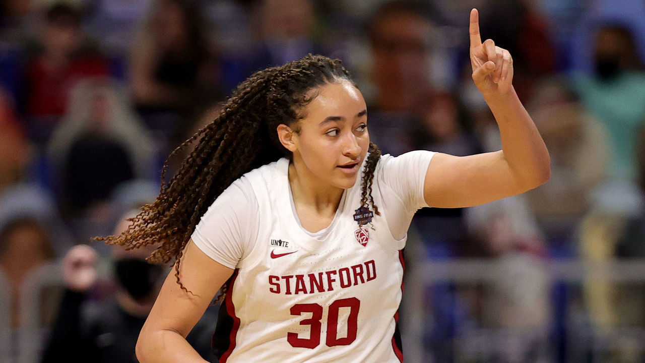 SAN ANTONIO, TEXAS - APRIL 04: Haley Jones #30 of the Stanford Cardinals reacts to a basket against the Arizona Wildcats in the National Championship game of the 2021 NCAA Women's Basketball Tournament at the Alamodome on April 04, 2021 in San Antonio, Texas.