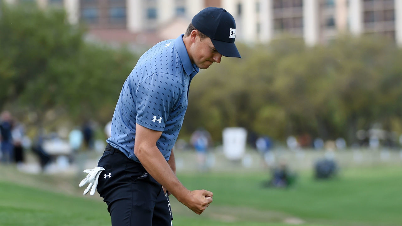 SAN ANTONIO, TEXAS - APRIL 04: Jordan Spieth reacts to sinking his birdie putt on the 17th green during the final round of Valero Texas Open at TPC San Antonio Oaks Course on April 04, 2021 in San Antonio, Texas.