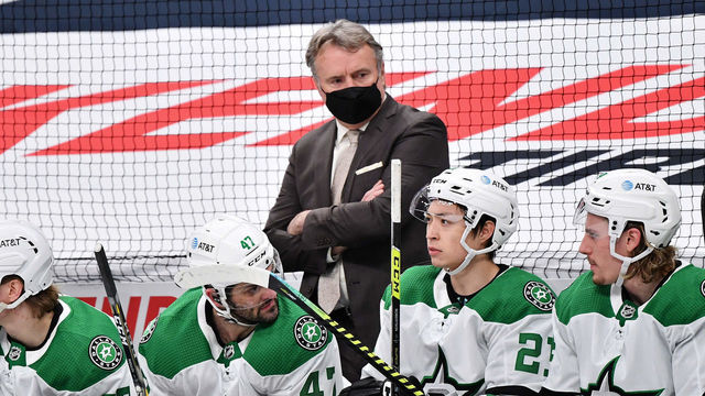 COLUMBUS, OH - MARCH 14: Head Coach Rick Bowness of the Dallas Stars watches his team play against the Columbus Blue Jackets at Nationwide Arena on March 14, 2021 in Columbus, Ohio.