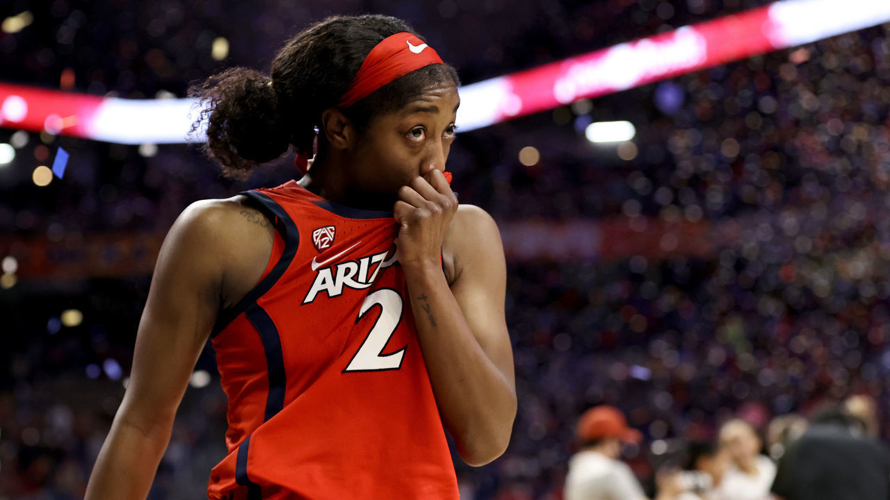 SAN ANTONIO, TEXAS - APRIL 04: Aari McDonald #2 of the Arizona Wildcats reacts reacts to the team's loss to the Stanford Cardinal in the National Championship game of the 2021 NCAA Women's Basketball Tournament at the Alamodome on April 04, 2021 in San Antonio, Texas.