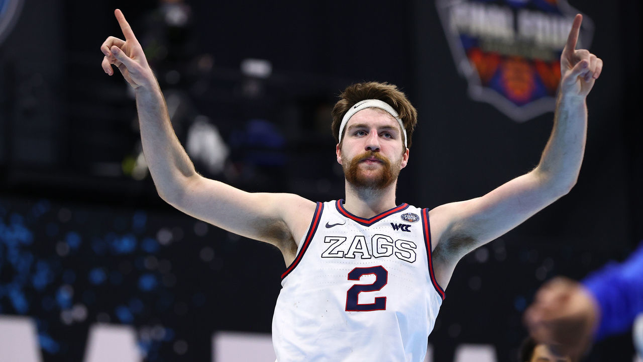 INDIANAPOLIS, INDIANA - APRIL 03: Drew Timme #2 of the Gonzaga Bulldogs reacts as time expires in regulation with the score tied against the UCLA Bruins in the Final Four semifinal game of the 2021 NCAA Men's Basketball Tournament at Lucas Oil Stadium on April 03, 2021 in Indianapolis, Indiana.