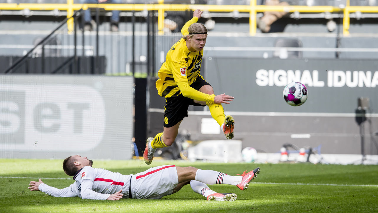 DORTMUND, GERMANY - APRIL 03: Erling Haaland (BVB) during the Bundesliga match between Borussia Dortmund and Eintracht Frankfurt at Signal Iduna Park on April 3, 2021 in Dortmund, Germany. Sporting stadiums around Germany remain under strict restrictions due to the Coronavirus Pandemic as Government social distancing laws prohibit fans inside venues resulting in games being played behind closed doors.