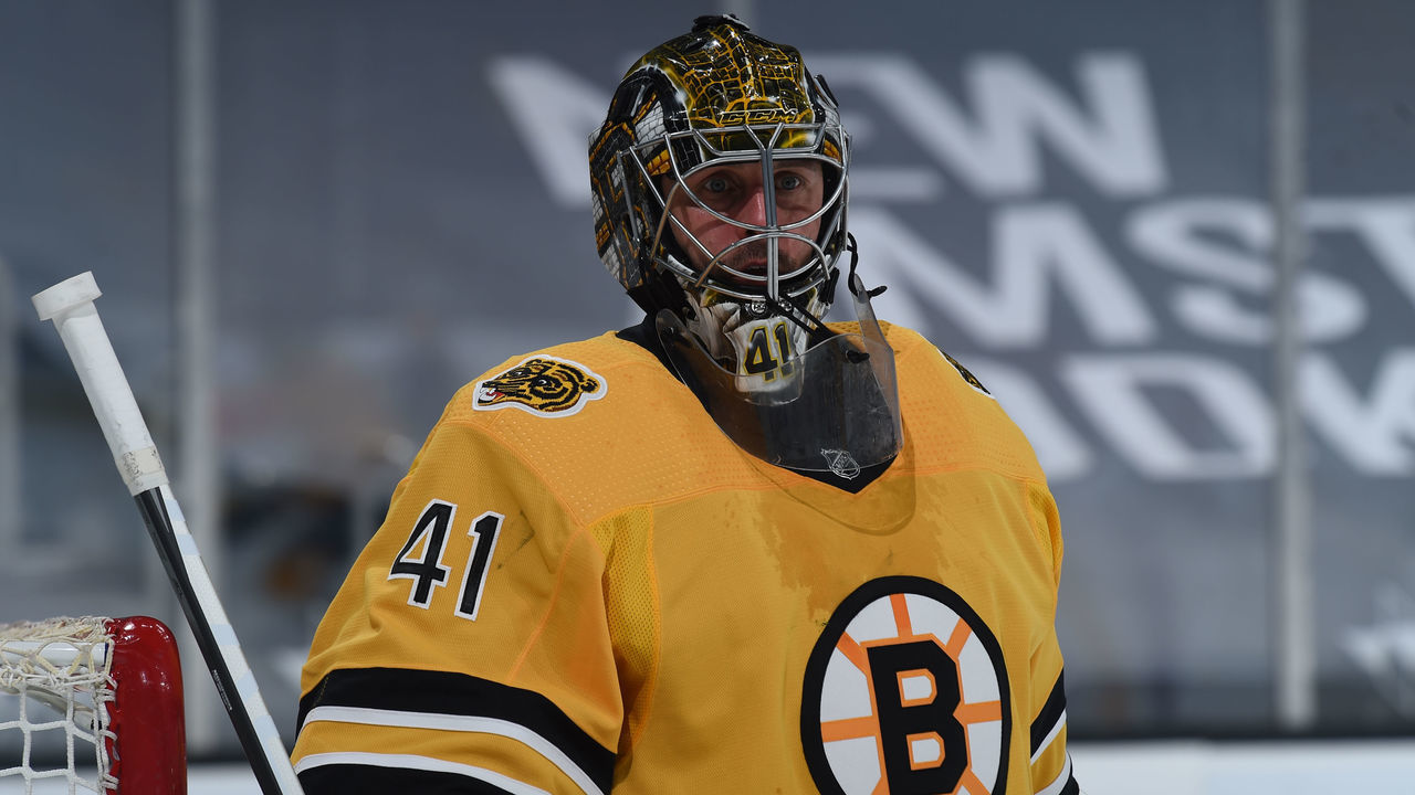 BOSTON, MA - APRIL 3: Jaroslav Halak #41 of the Boston Bruins in the net against the Pittsburgh Penguins at the TD Garden on April 3, 2021 in Boston, Massachusetts.
