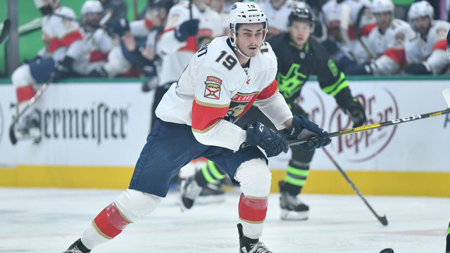 DALLAS, TX - MARCH 27: Mason Marchment #19 of the Florida Panthers skates against the Dallas Stars at the American Airlines Center on March 27, 2021 in Dallas, Texas.