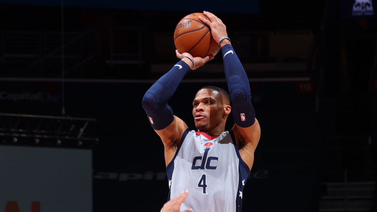 WASHINGTON, DC - APRIL 3: Russell Westbrook #4 of the Washington Wizards shoots the ball during the game against the Dallas Mavericks on April 3, 2021 at Capital One Arena in Washington, DC. Mandatory Copyright Notice: Copyright 2021 NBAE