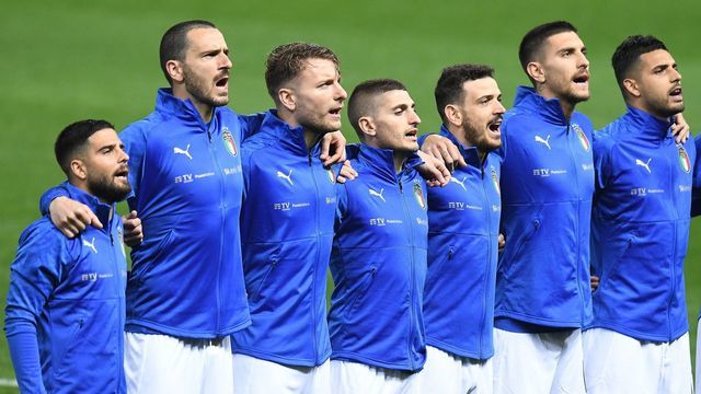PARMA, ITALY - MARCH 25: Lorenzo Insigne, Leonardo Bonucci, Ciro Immobile, Marco Verratti, Alessandro Florenzi, Lorenzo Pellegrini and Emerson Palmieri of Italy look on during the FIFA World Cup 2022 Qatar qualifying match between Italy and Northern Ireland on March 25, 2021 in Parma, Italy.