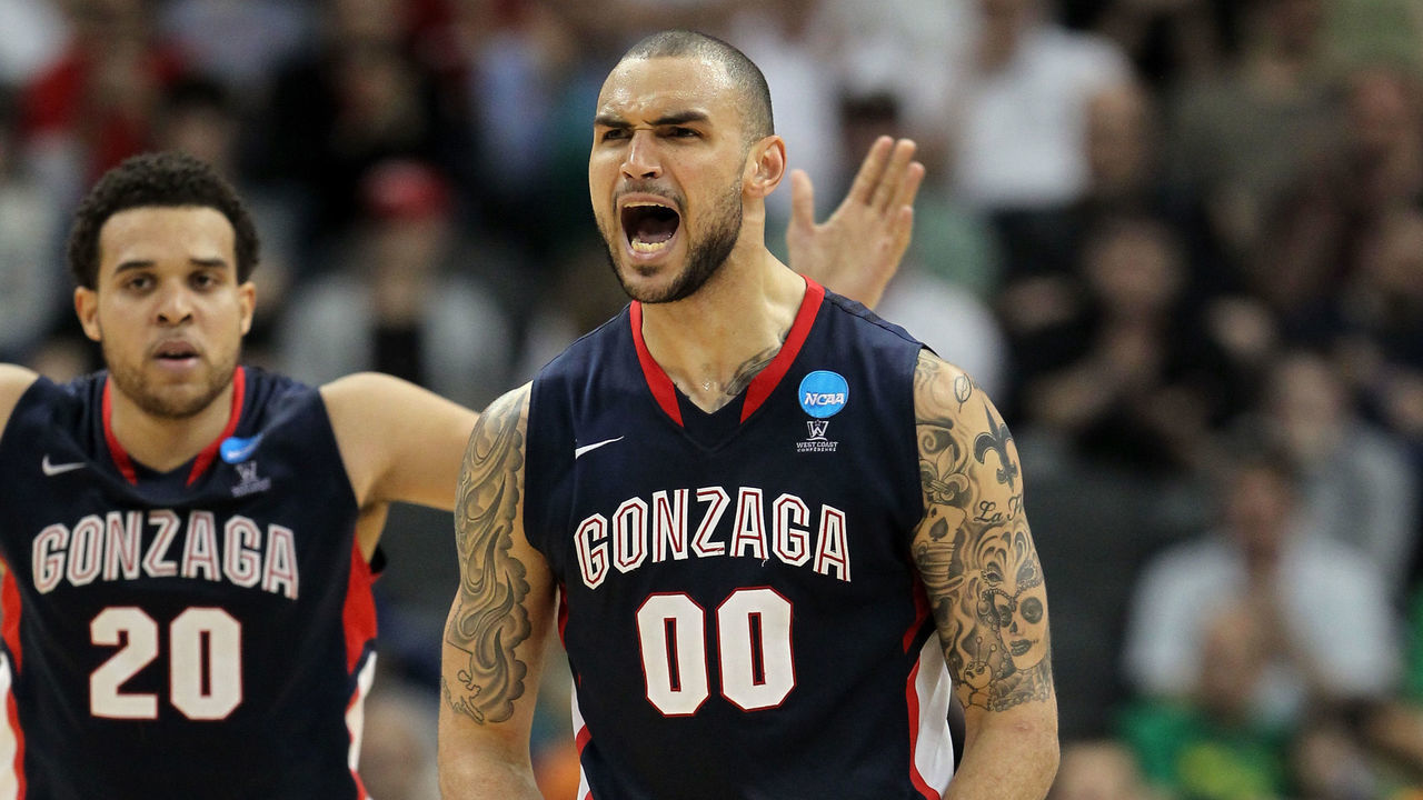 PITTSBURGH, PA - MARCH 17: Robert Sacre #0 and Elias Harris #20 of the Gonzaga Bulldogs react in the second half against the Ohio State Buckeyes during the third round of the 2012 NCAA Men's Basketball Tournament at Consol Energy Center on March 17, 2012 in Pittsburgh, Pennsylvania.