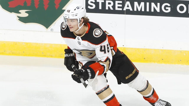 SAINT PAUL, MN - MARCH 22: Trevor Zegras #46 of the Anaheim Ducks skates against the Minnesota Wild during the game at the Xcel Energy Center on March 22, 2021 in Saint Paul, Minnesota.