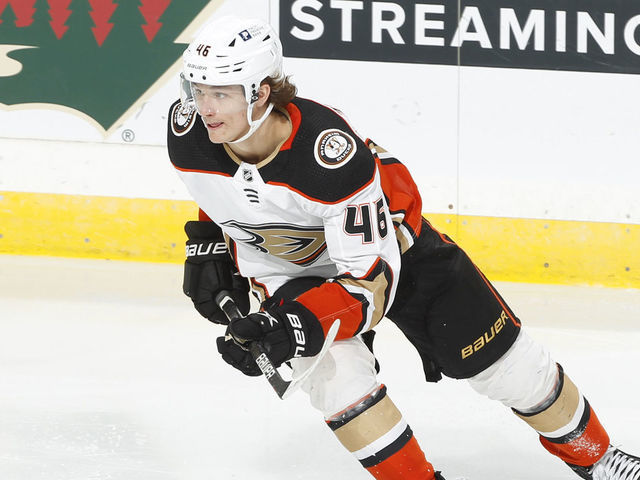 SAINT PAUL, MN - MARCH 22: Trevor Zegras #46 of the Anaheim Ducks skates against the Minnesota Wild during the game at the Xcel Energy Center on March 22, 2021 in Saint Paul, Minnesota.