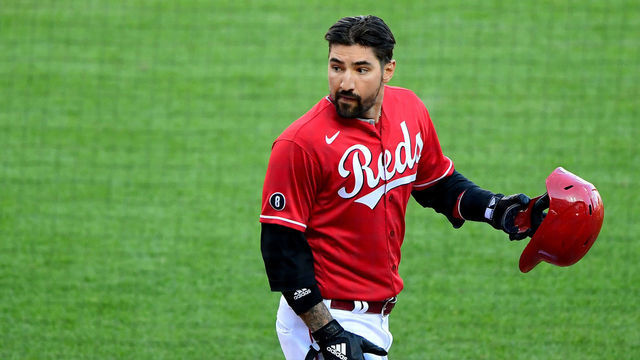 CINCINNATI, OHIO - APRIL 03: Nick Castellanos #2 of the Cincinnati Reds looks on after a run in the third inning against the St. Louis Cardinals at Great American Ball Park on April 03, 2021 in Cincinnati, Ohio.