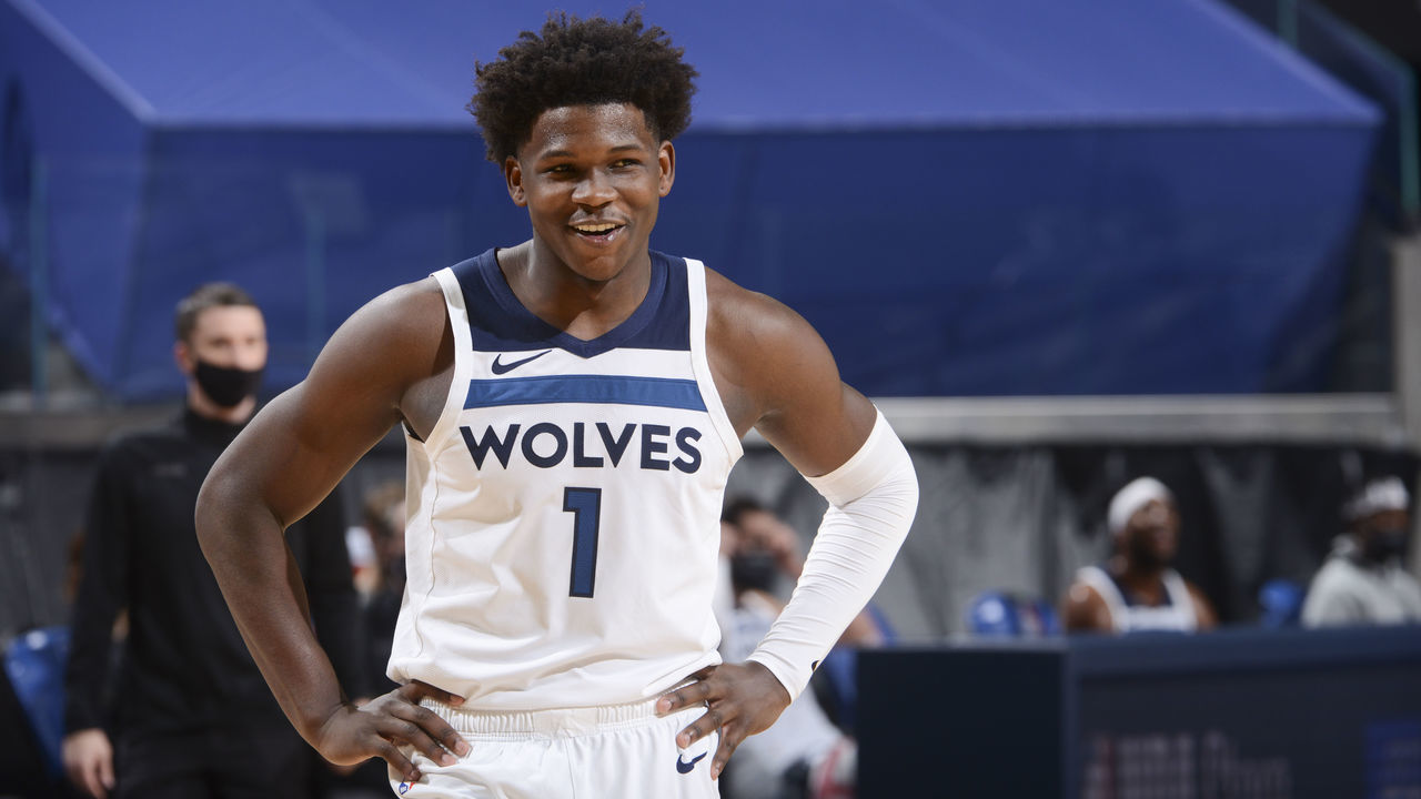 SAN FRANCISCO, CA - JANUARY 27: Anthony Edwards #1 of the Minnesota Timberwolves smiles during the game against the Golden State Warriors on January 27, 2021 at Chase Center in San Francisco, California. NOTE TO USER: User expressly acknowledges and agrees that, by downloading and or using this photograph, user is consenting to the terms and conditions of Getty Images License Agreement. Mandatory Copyright Notice: Copyright 2021 NBAE