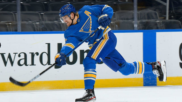 ST. LOUIS, MO - FEBRUARY 6: Colton Parayko #55 of the St. Louis Blues takes a shot against the Arizona Coyotes at Enterprise Center on February 6, 2021 at the Enterprise Center in St. Louis, Missouri.