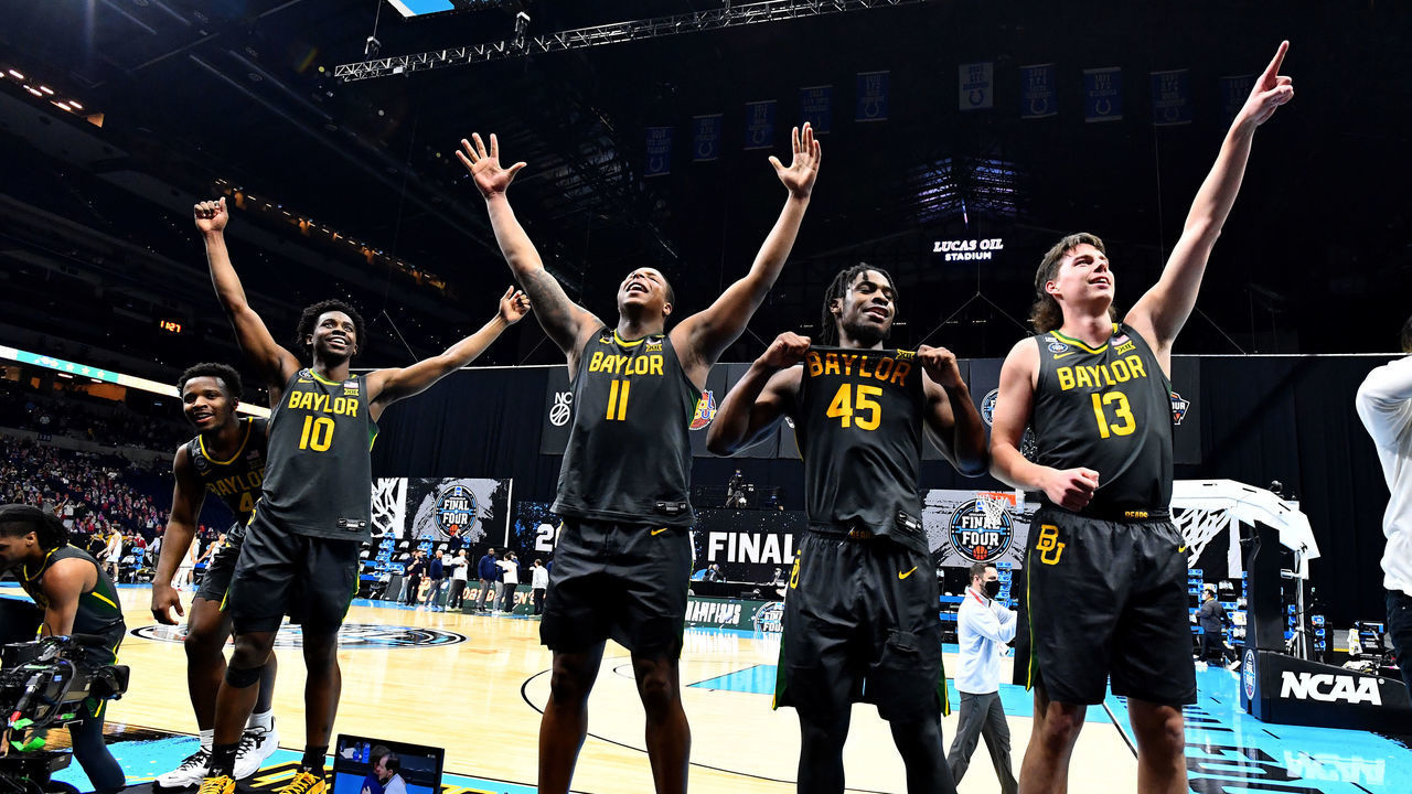 INDIANAPOLIS, INDIANA - APRIL 05: (L-R) Mark Vital #11, Davion Mitchell #45. Jackson Moffatt #13 and Flo Thamba #0 of the Baylor Bears celebrate after their win against the Gonzaga Bulldogs in the National Championship game of the 2021 NCAA Men's Basketball Tournament at Lucas Oil Stadium on April 05, 2021 in Indianapolis, Indiana.