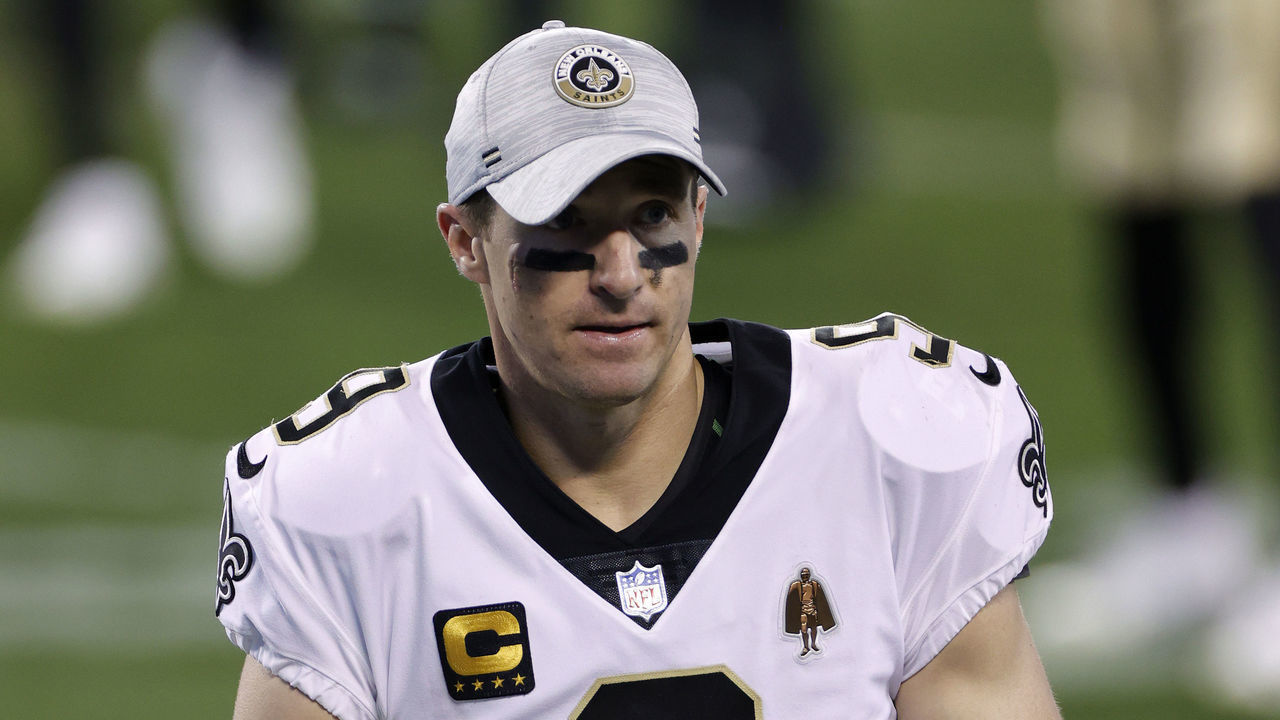 CHARLOTTE, NORTH CAROLINA - JANUARY 03: Quarterback Drew Brees #9 of the New Orleans Saints looks on following their game against the Carolina Panthers at Bank of America Stadium on January 03, 2021 in Charlotte, North Carolina.