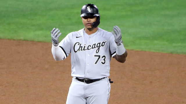 ANAHEIM, CALIFORNIA - APRIL 02: Yermin Mercedes #73 of the Chicago White Sox reacts after his RBI double against the Los Angeles Angels during the ninth inning at Angel Stadium of Anaheim on April 02, 2021 in Anaheim, California.