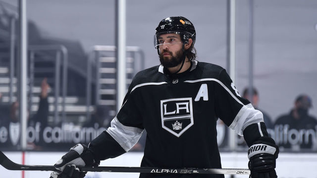 LOS ANGELES, CA - APRIL 5: Drew Doughty #8 of the Los Angeles Kings looks on during the second period against the Arizona Coyotes at STAPLES Center on April 5, 2021 in Los Angeles, California.