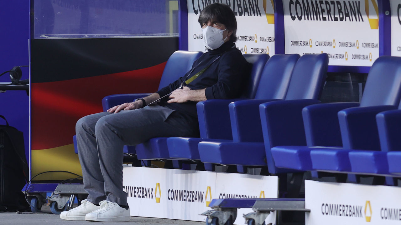 DUISBURG, GERMANY - MARCH 31: Head coach Joachim Loew of Germany looks on prior to the FIFA World Cup 2022 Qatar qualifying match between Germany and North Macedonia at Schauinsland-Reisen-Arena on March 31, 2021 in Duisburg, Germany. Sporting stadiums around Germany remain under strict restrictions due to the Coronavirus Pandemic as Government social distancing laws prohibit fans inside venues resulting in games being played behind closed doors.