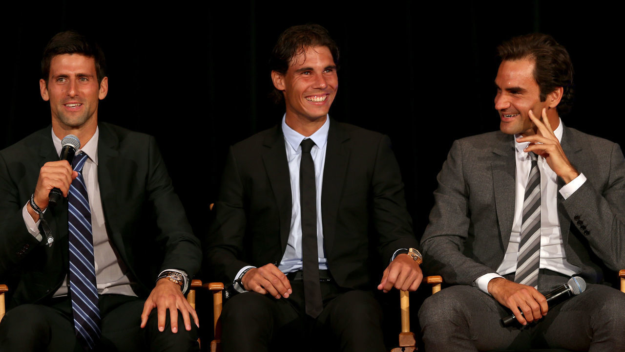 NEW YORK, NY - AUGUST 23: Novak Djokovic of Serbia; Rafael Nadal of Spain and Roger Federer of Switzerland on stage during the ATP Heritage Celebration at The Waldorf=Astoria on August 23, 2013 in New York City.