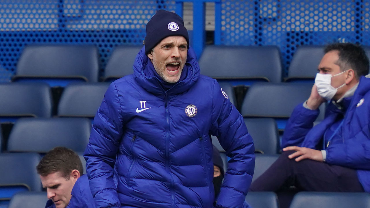 Chelsea's German head coach Thomas Tuchel gestures from the side-lines during the English Premier League football match between Chelsea and West Bromwich Albion at Stamford Bridge in London on April 3, 2021. - RESTRICTED TO EDITORIAL USE. No use with unauthorized audio, video, data, fixture lists, club/league logos or 'live' services. Online in-match use limited to 120 images. An additional 40 images may be used in extra time. No video emulation. Social media in-match use limited to 120 images. An additional 40 images may be used in extra time. No use in betting publications, games or single club/league/player publications.