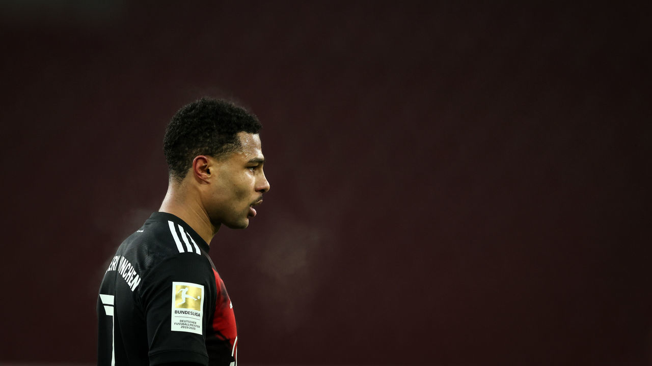 AUGSBURG, GERMANY - JANUARY 20: Serge Gnabry of Bayern Muenchen during the Bundesliga match between FC Augsburg and FC Bayern Muenchen at WWK-Arena on January 20, 2021 in Augsburg, Germany.