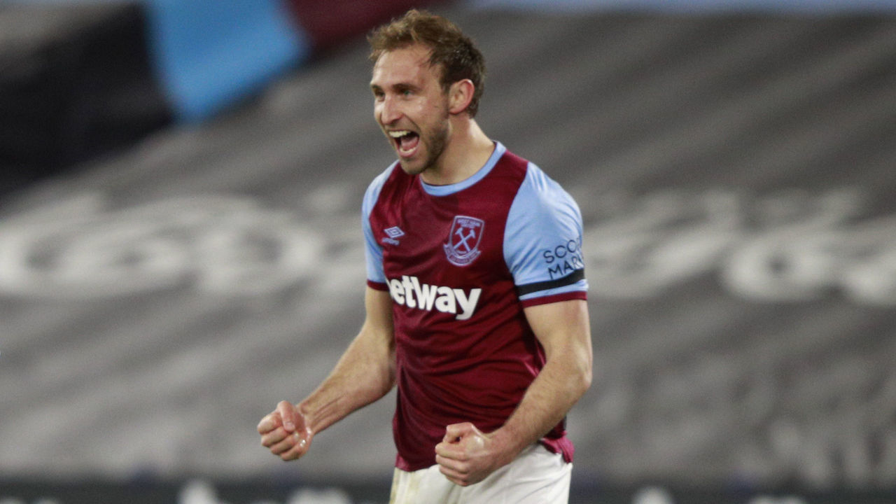 West Ham United's Craig Dawson celebrates scoring their side's second goal of the game during the Premier League match at the London Stadium, London. Picture date: Monday March 8, 2021.