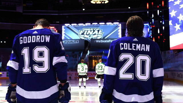 EDMONTON, ALBERTA - SEPTEMBER 19: Barclay Goodrow #19, Blake Coleman #20 and Zach Bogosian #24 of the Tampa Bay Lightning look on during pre-game ceremonies before Game One of the NHL Stanley Cup Final between the Dallas Stars and the Tampa Bay Lightning at Rogers Place on September 19, 2020 in Edmonton, Alberta, Canada.