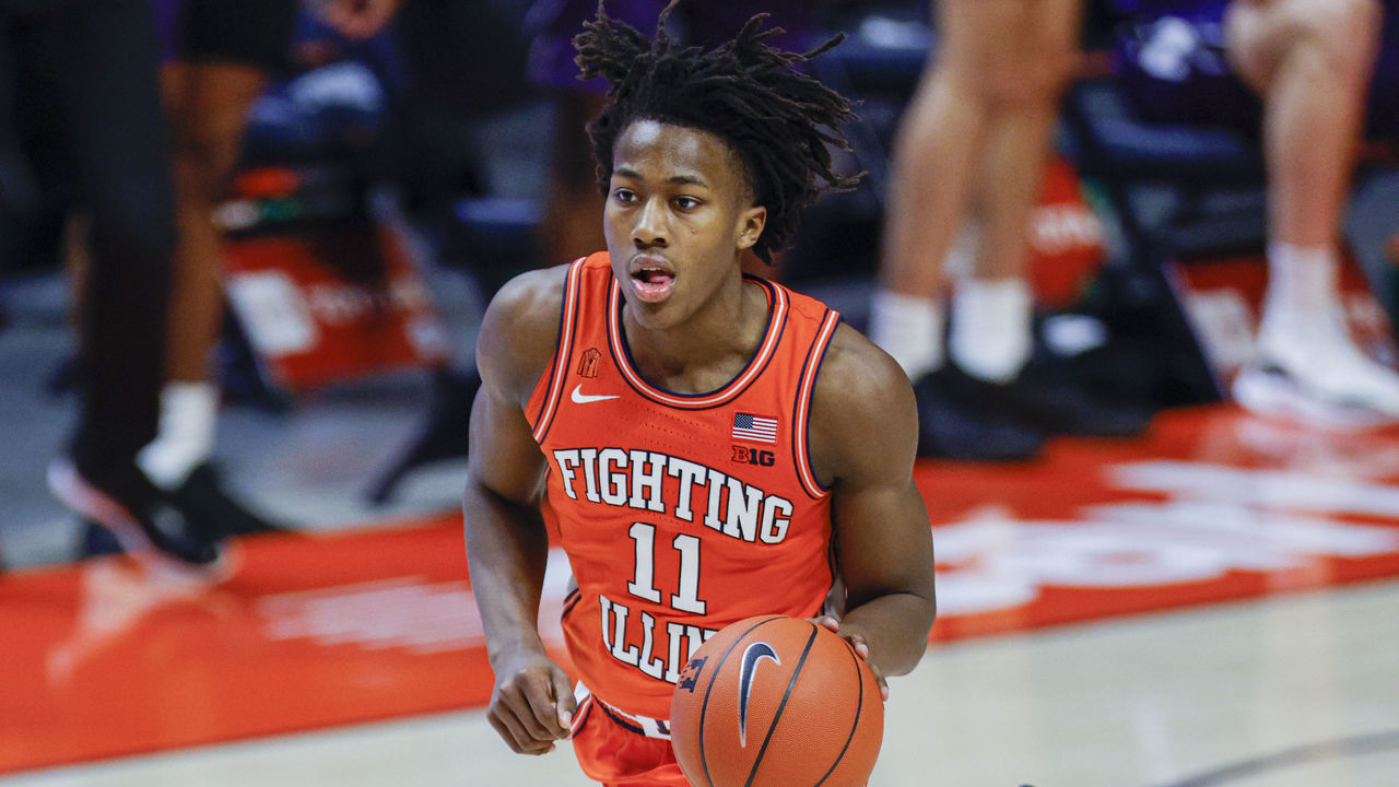 CHAMPAIGN, IL - FEBRUARY 16: Ayo Dosunmu #11 of the Illinois Fighting Illini brings the ball up court during the game against the Northwestern Wildcats at State Farm Center on February 16, 2021 in Champaign, Illinois.