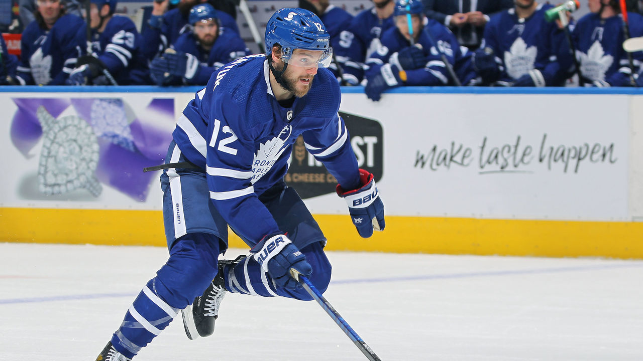 TORONTO, ON - MARCH 29: Alex Galchenyuk #12 of the Toronto Maple Leafs skates against the Edmonton Oilers during an NHL game at Scotiabank Arena on March 29, 2021 in Toronto, Ontario, Canada. The Oilers defeated the Maple Leafs 3-2 in overtime.