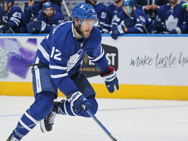 TORONTO, ON - MARCH 29: Alex Galchenyuk #12 of the Toronto Maple Leafs skates against the Edmonton Oilers during an NHL game at Scotiabank Arena on March 29, 2021 in Toronto, Ontario, Canada. The Oilers defeated the Maple Leafs 3-2 in overtime.