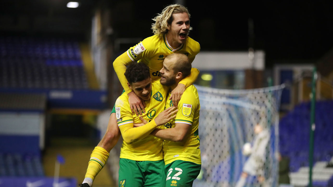 Norwich City's Teemu Pukki celebrates scoring their side's second goal of the game with Todd Cantwell and Max Aarons during the Sky Bet Championship match at St Andrew's Trillion Trophy Stadium, Birmingham. Picture date: Tuesday February 23, 2021.
