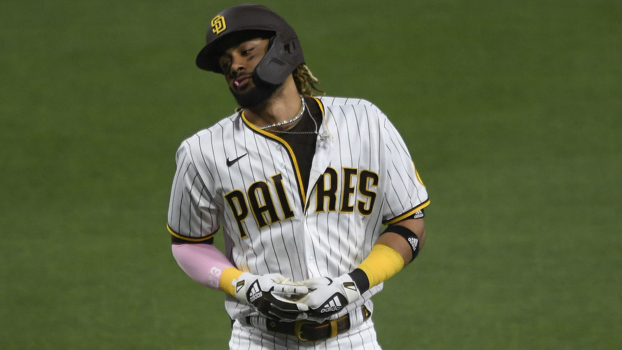 SAN DIEGO, CA - APRIL 5: Fernando Tatis Jr. #23 of the San Diego Padres walks back to the dugout after hitting a fly ball during the first inning of a baseball game against the San Francisco Giants at Petco Park on April 5, 2021 in San Diego, California.