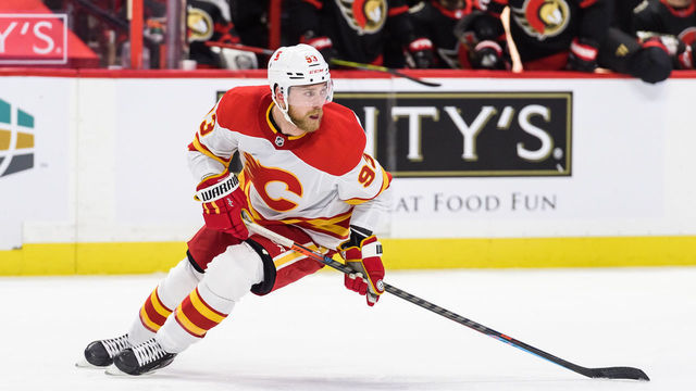 OTTAWA, ON - MARCH 22: Calgary Flames Center Sam Bennett (93) skates during the third period of the NHL game between the Ottawa Senators and the Calgary Flames on March 22, 2021 at the Canadian Tire Centre in Ottawa, Ontario, Canada.