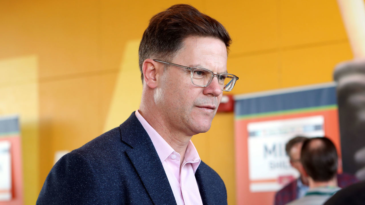 NORTH PORT, FL - FEBRUARY 16: Toronto Blue Jays General Manager Ross Atkins talks to the media during the Grape Fruit League Media Availability at CoolToday Park on Monday, February 16, 2020 in North Port, Florida.