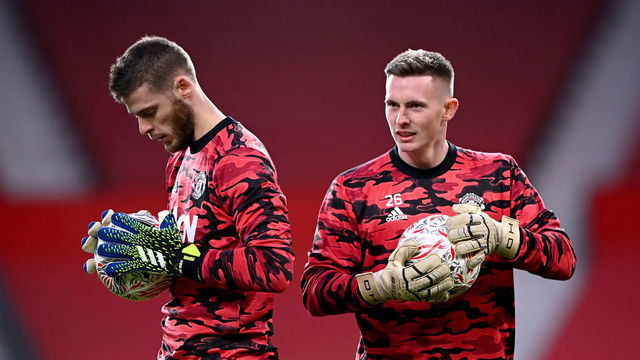 Manchester United goalkeeper David de Gea (left) and Dean Henderson warm up on the pitch prior to the beginning of the Emirates FA Cup fourth round match at Old Trafford, Manchester. Picture date: Sunday January 24, 2021.