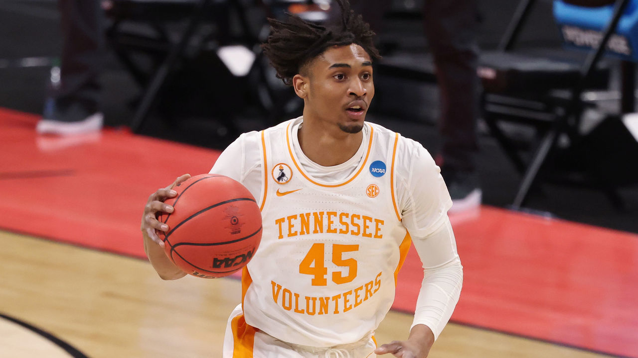 INDIANAPOLIS, IN - MARCH 19: Keon Johnson #45 of the Tennessee Volunteers dribbles the ball up court against the Oregon State Beavers in the first round of the 2021 NCAA Division I Men"u2019s Basketball Tournament held at Bankers Life Fieldhouse on March 19, 2021 in Indianapolis, Indiana.