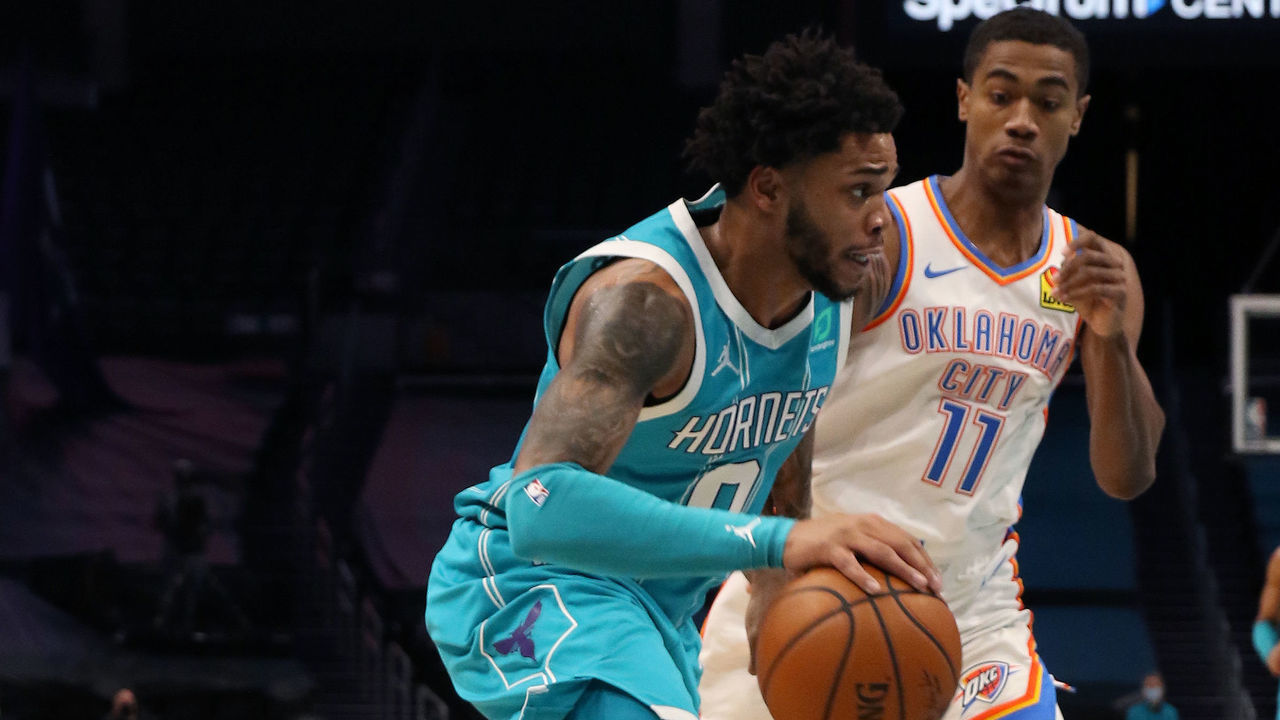 CHARLOTTE, NC - DECEMBER 26: Miles Bridges #0 of the Charlotte Hornets drives to the basket against the Oklahoma City Thunder on December 26, 2020 at Spectrum Center in Charlotte, North Carolina. Mandatory Copyright Notice: Copyright 2020 NBAE