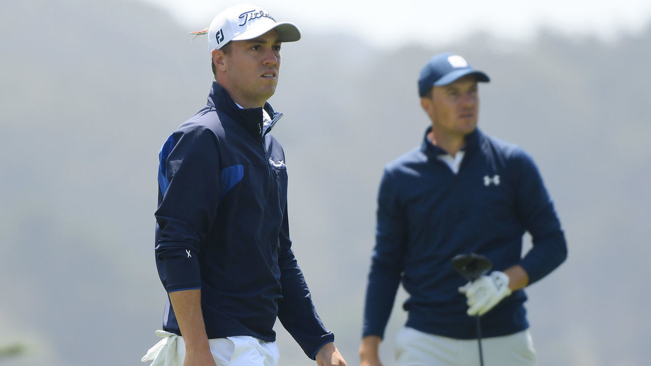 SAN FRANCISCO, CALIFORNIA - AUGUST 08: Justin Thomas of the United States and Jordan Spieth of the United States wait on the 16th tee during the third round of the 2020 PGA Championship at TPC Harding Park on August 08, 2020 in San Francisco, California.