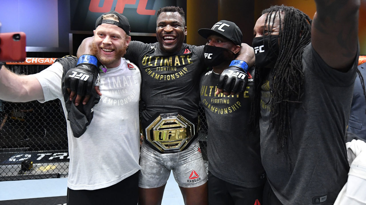LAS VEGAS, NEVADA - MARCH 27: Francis Ngannou of Cameroon reacts after his victory over Stipe Miocic in their UFC heavyweight championship fight during the UFC 260 event at UFC APEX on March 27, 2021 in Las Vegas, Nevada.