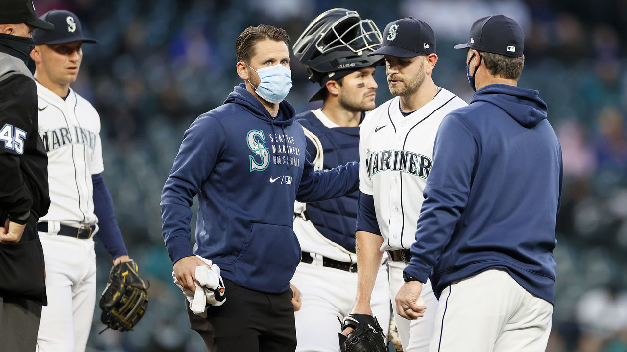 SEATTLE, WASHINGTON - APRIL 06: James Paxton #44 of the Seattle Mariners is taken out of the game with an injury in the second inning against the Chicago White Sox at T-Mobile Park on April 06, 2021 in Seattle, Washington.