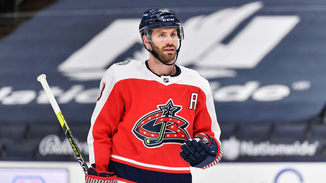 COLUMBUS, OH - APRIL 6: Boone Jenner #38 of the Columbus Blue Jackets skates against the Tampa Bay Lightning at Nationwide Arena on April 6, 2021 in Columbus, Ohio.