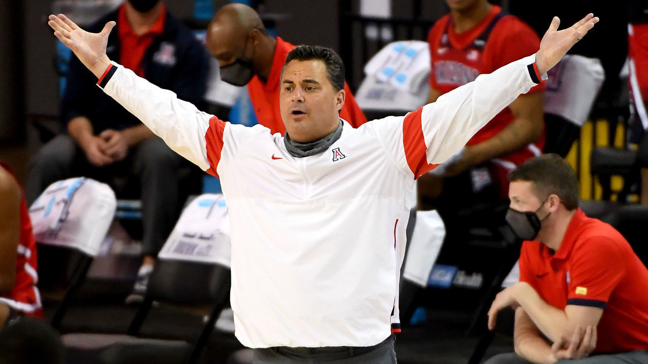 LOS ANGELES, CA - FEBRUARY 18: Head coach Sean Miller of the Arizona Wildcats on the sidelines during the game against the UCLA Bruins at Pauley Pavilion on February 18, 2021 in Los Angeles, California.